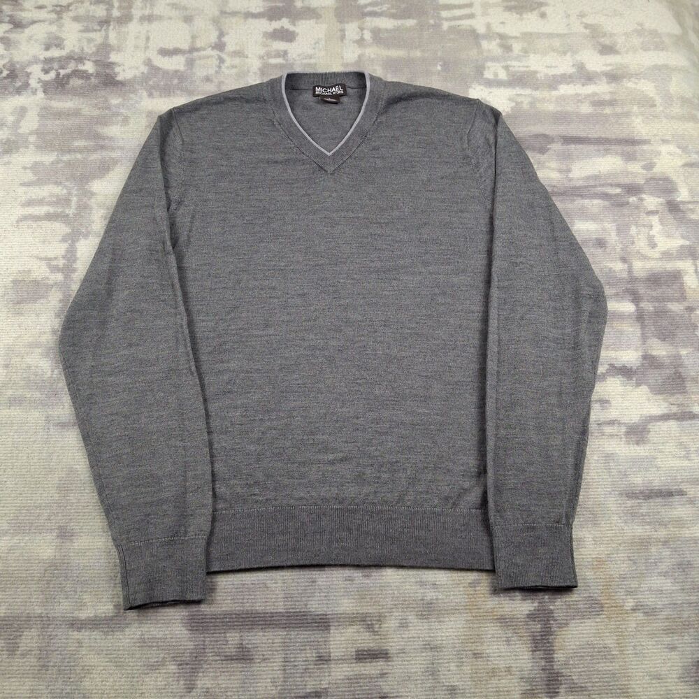 Michael Kors Mens Sweater Large L Grey V Neck Pullover Knit Wool Blend Warm